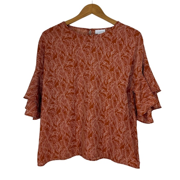 Liz Claiborne Women’s Size Medium Orange Leaf Print Ruffle Sleeve Casual Blouse - Picture 1 of 6